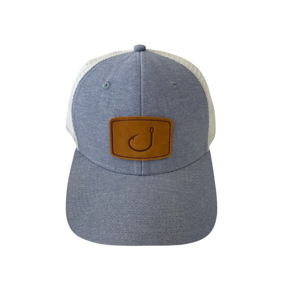 Avid Sportswear Mens Trucker Hat Blue White Mesh Leather Hook Patch Snapback Cap